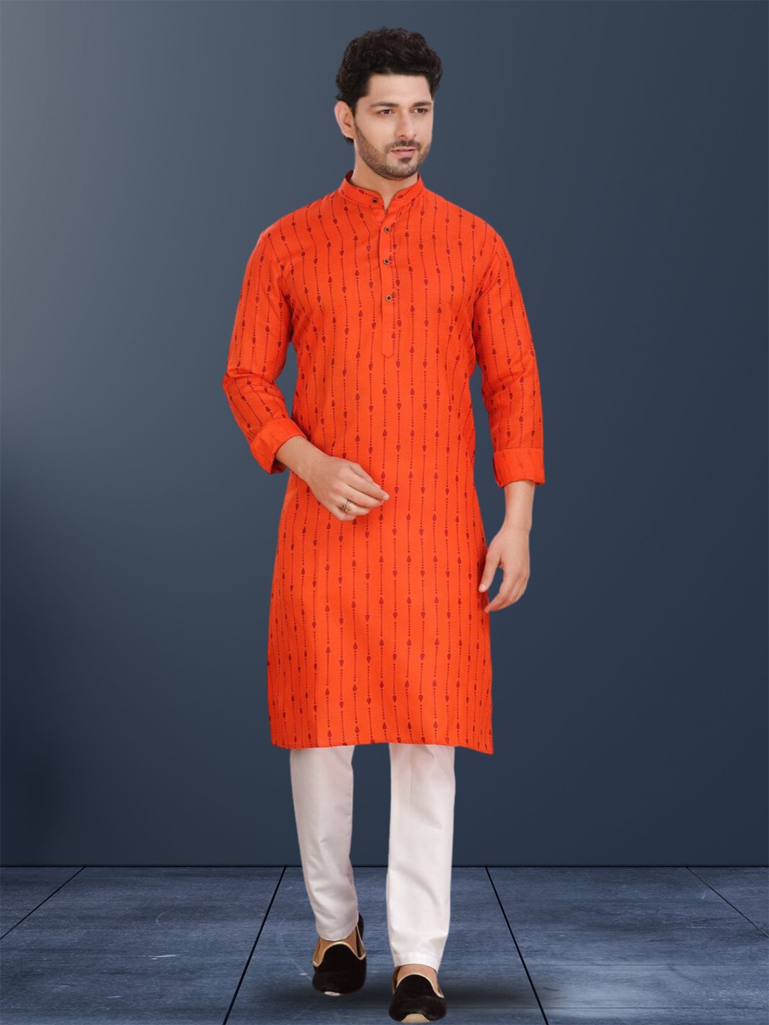 

ENCINO Printed Band Collar Cotton Straight Kurta, Orange