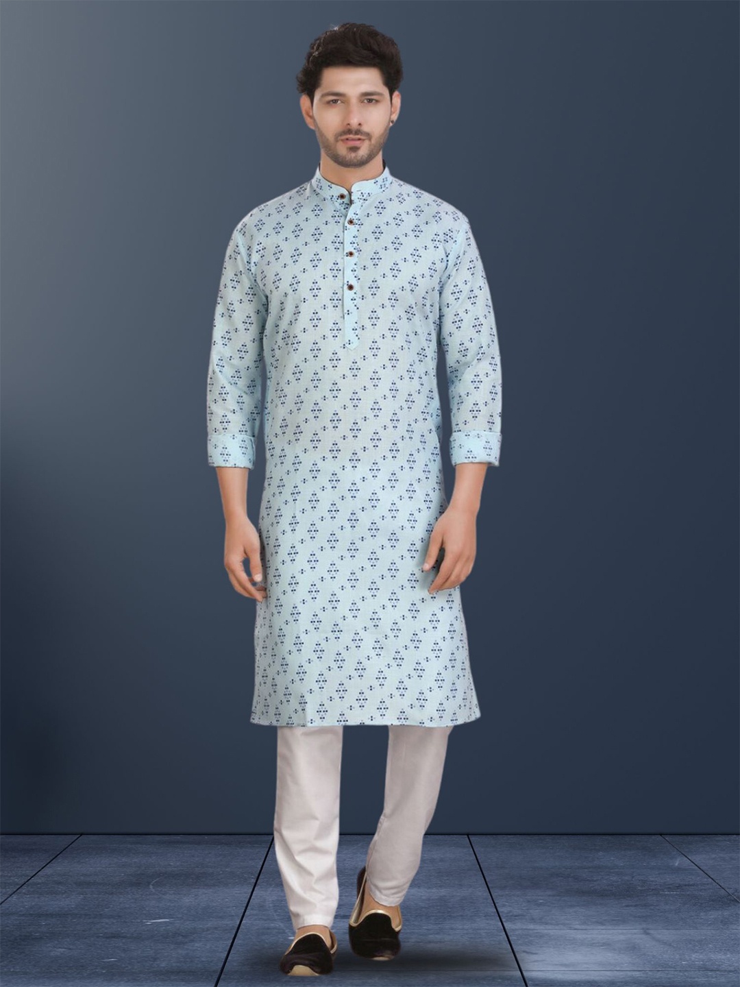 

ENCINO Abstract Printed Band Collar Cotton Straight Kurta, Blue