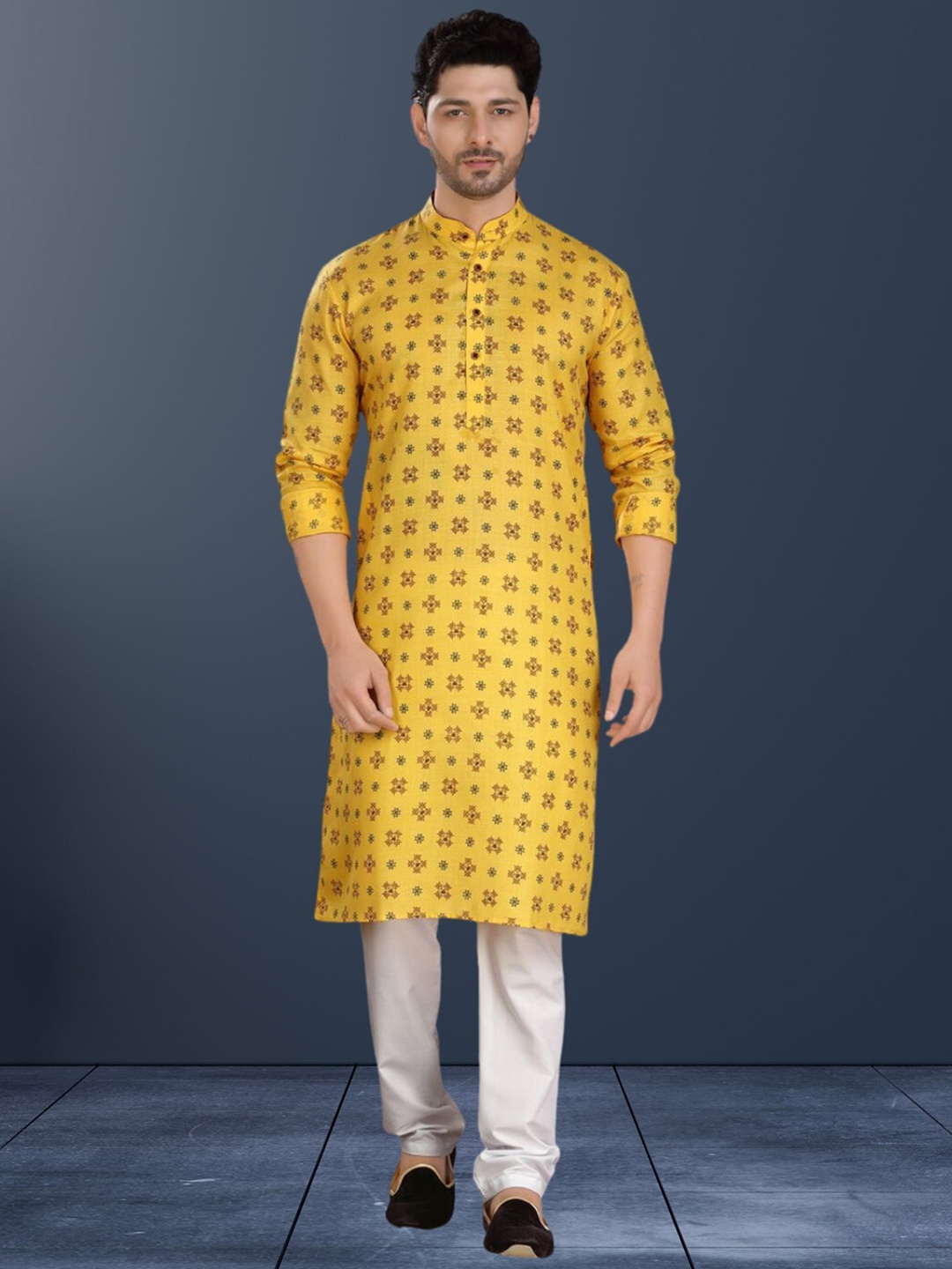 

ENCINO Ethnic Motifs Printed Band Collar Straight Cotton Kurta, Yellow