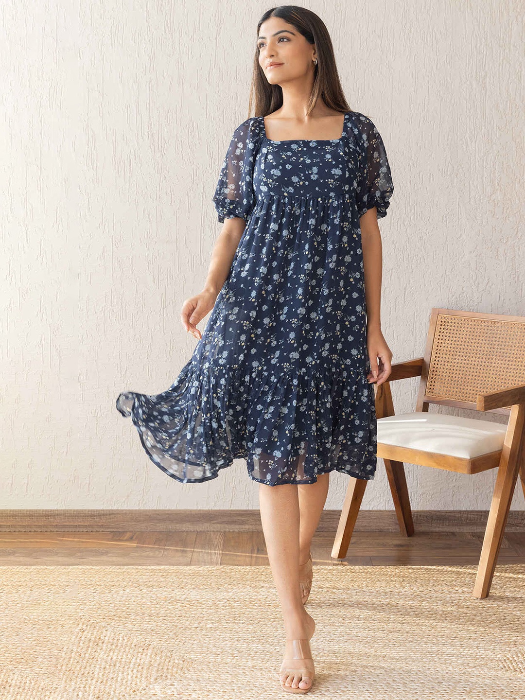 

Polago Clothing Women Floral Print Fit and Flare Dress, Navy blue