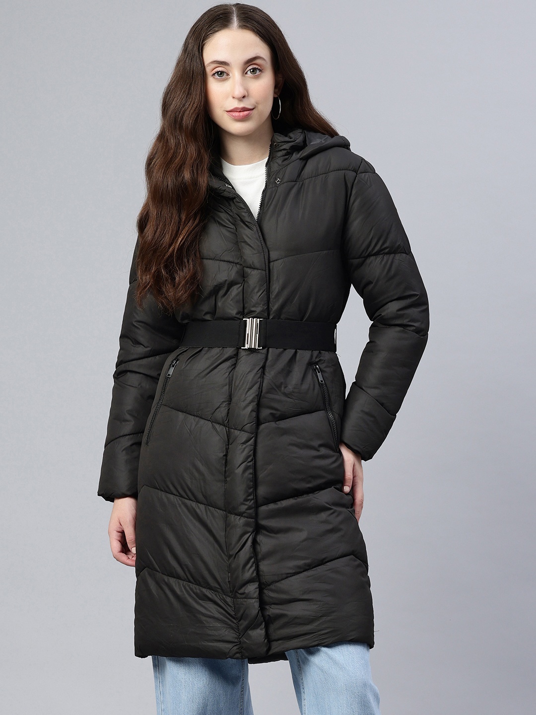 

London Rag Belted Longline Puffer Jacket, Black