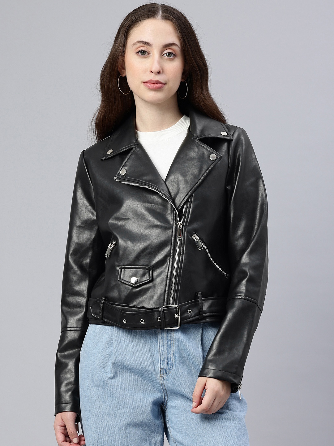 

London Rag Belter Cropped Biker Jacket, Black