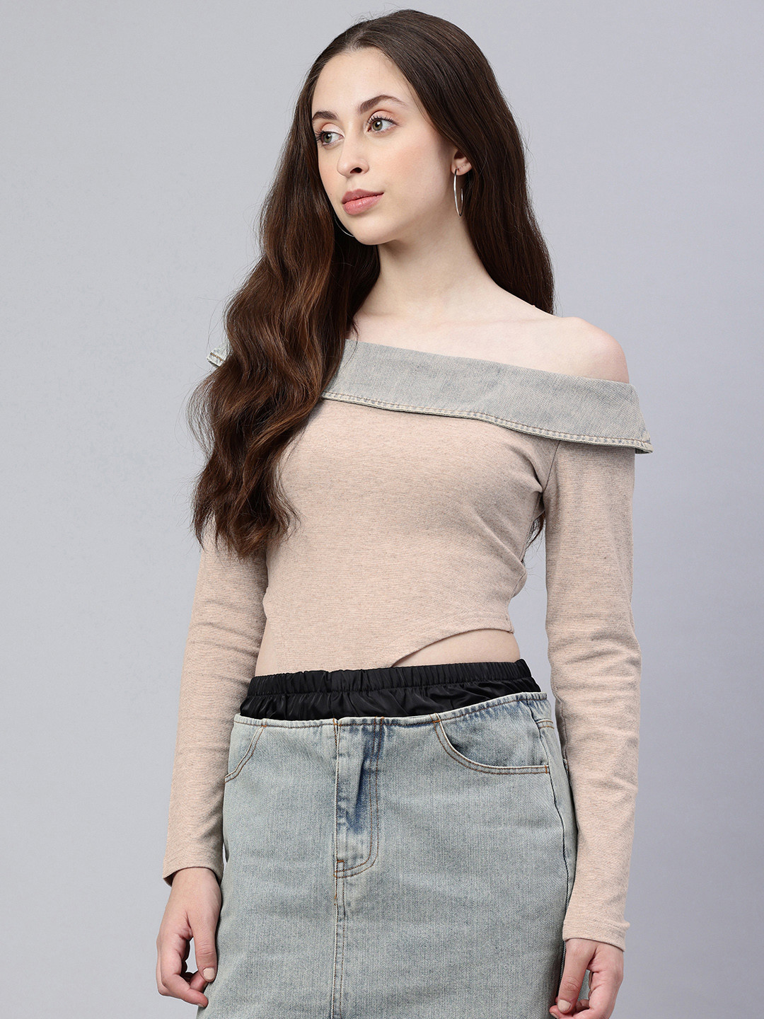 

London Rag Off-Shoulder Cotton Crop Top, Beige