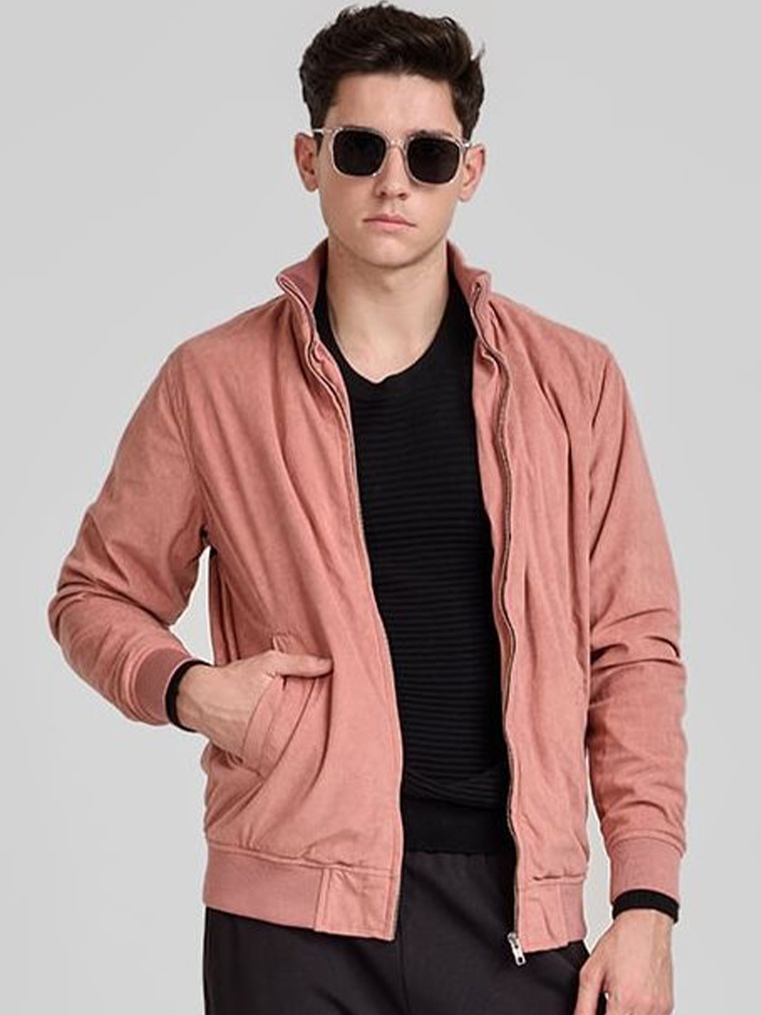 

Snitch Men Mock Collar Solid Casual Open Front Jacket, Peach