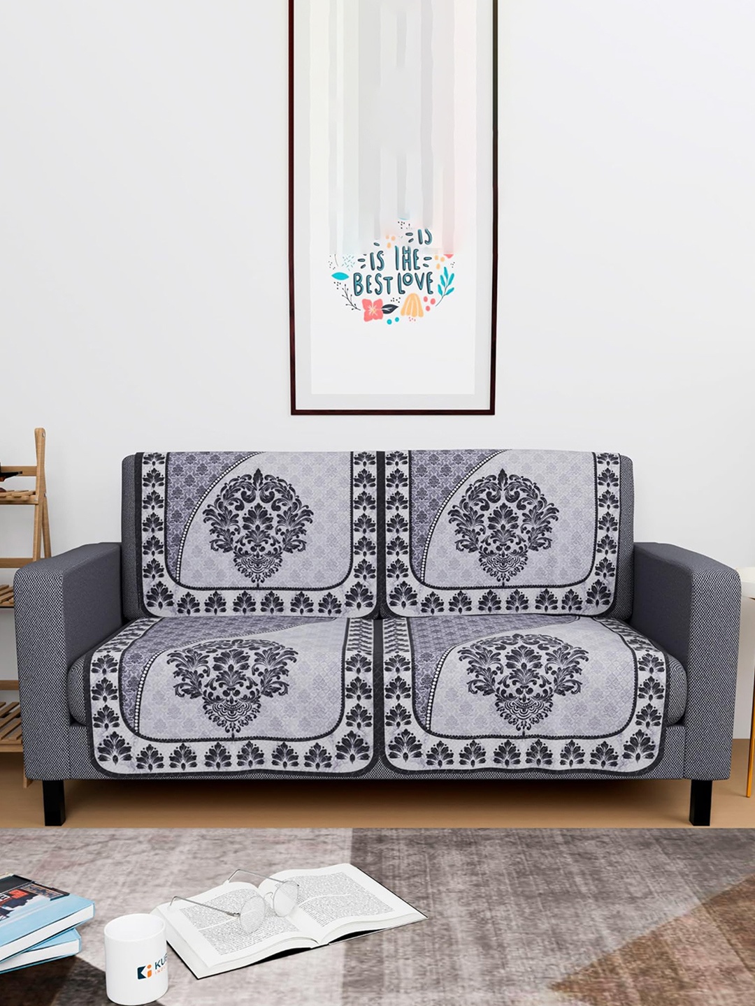 

Kuber Industries Black & Grey 4 Pieces Printed Cotton 2-Seater Sofa Covers