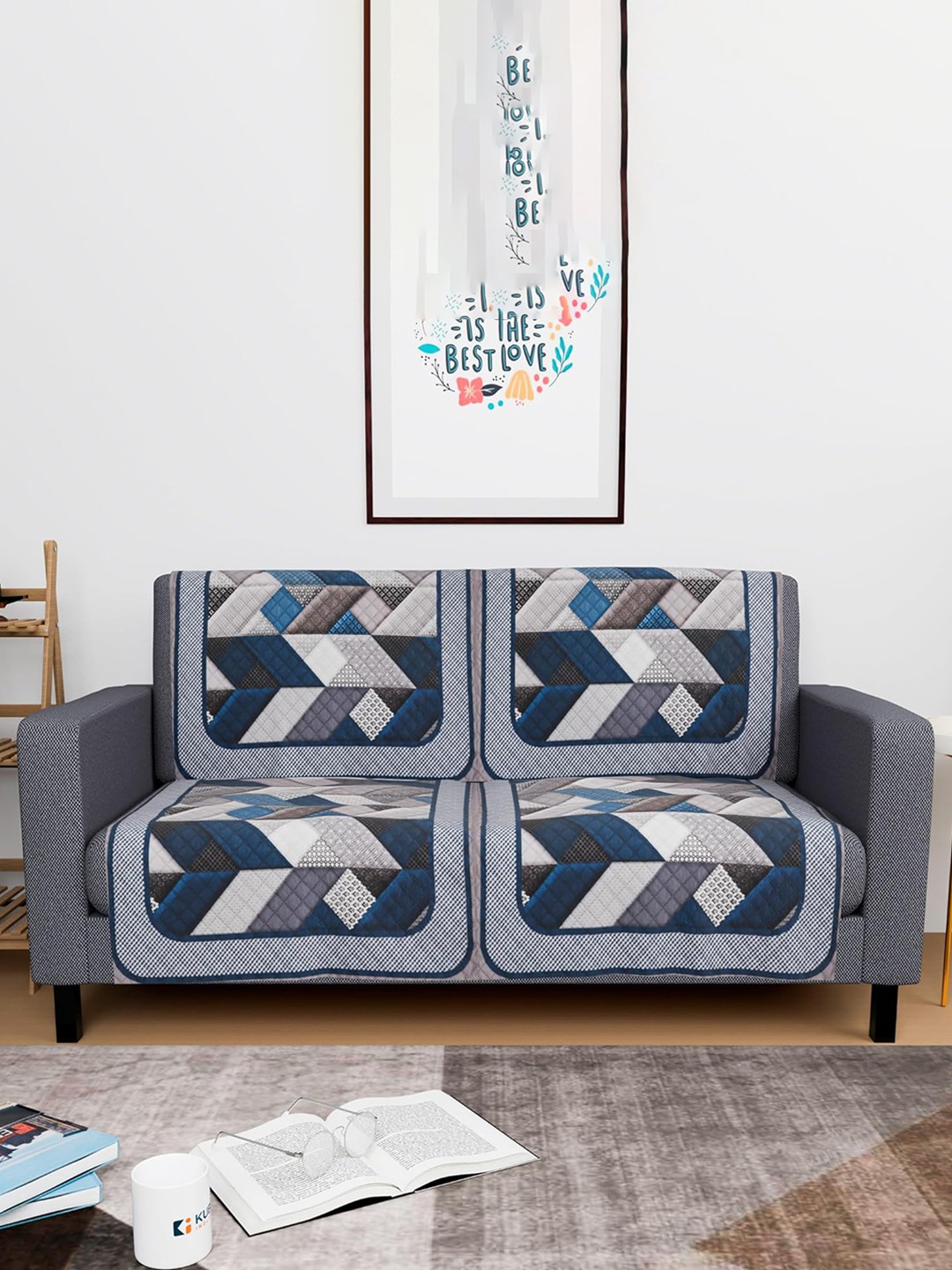 

Kuber Industries Grey & Blue 4 Pieces Printed 2 Seater Velvet Sofa Cover