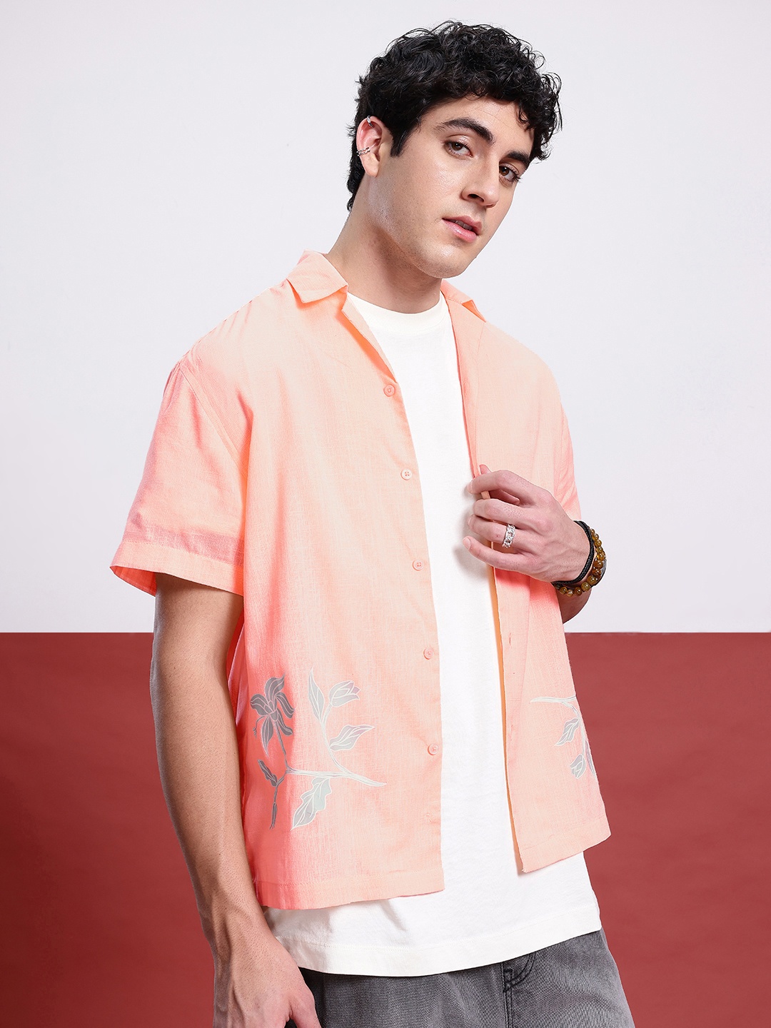 

Kook N Keech Petal Path Drop-Shoulder Casual Shirt, Peach