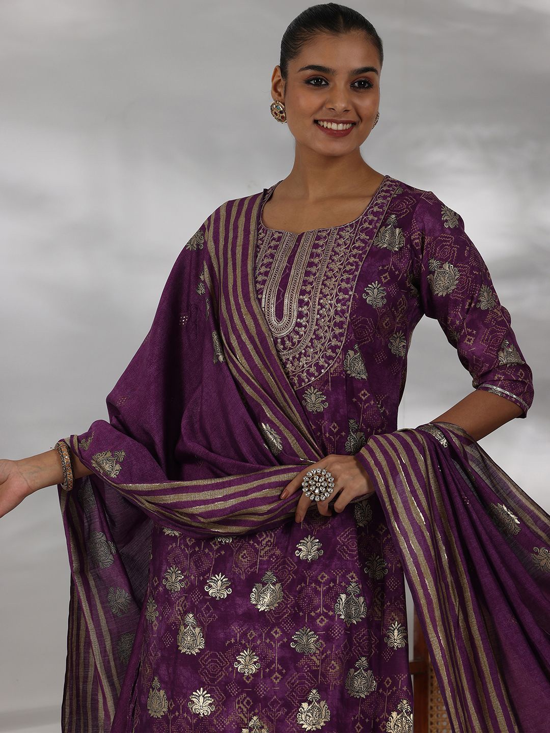 

Libas Ethnic Motifs Printed Regular thread Work Kurta With Sharara With Dupatta, Purple