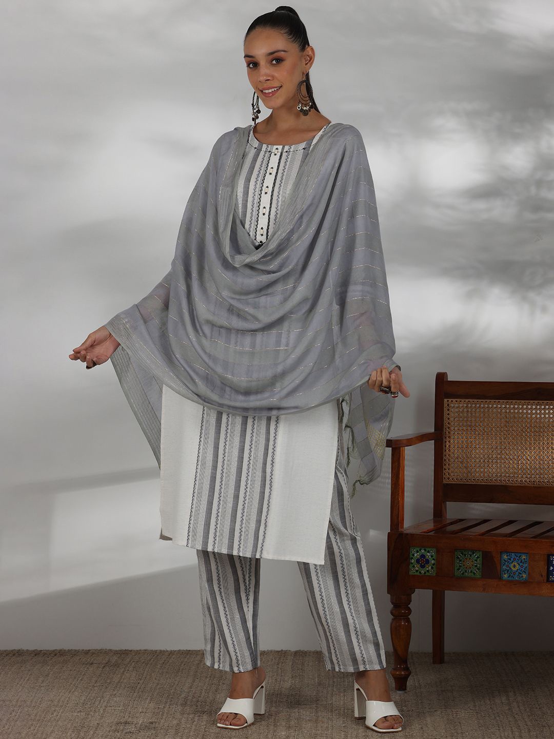 

Libas Striped Woven Design Round Neck Pure Cotton Kurta With Trousers With Dupatta, Off white
