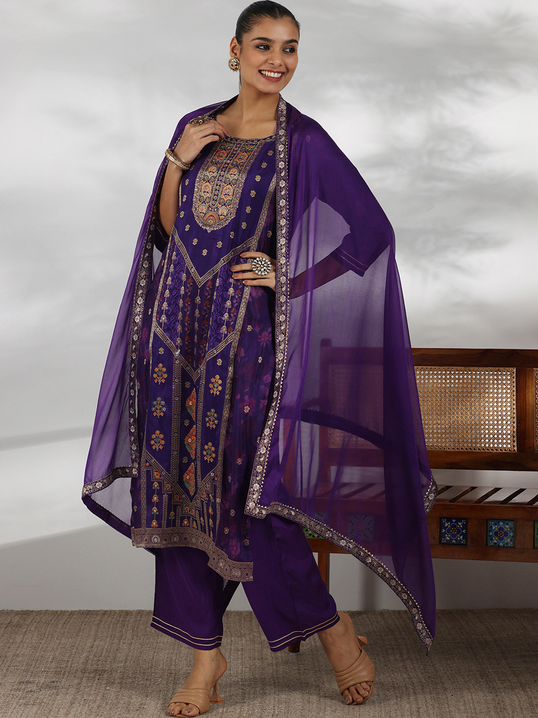 

Libas Ethnic Motifs Woven Design Regular Straight Kurta With Trouser With Dupatta, Purple