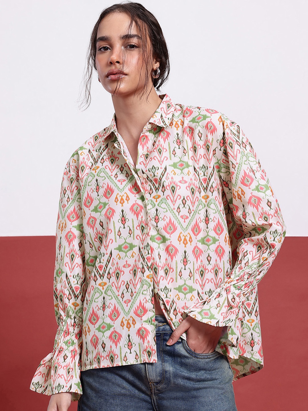 

DressBerry Ikat Edge Printed Shirt Style Top, Green