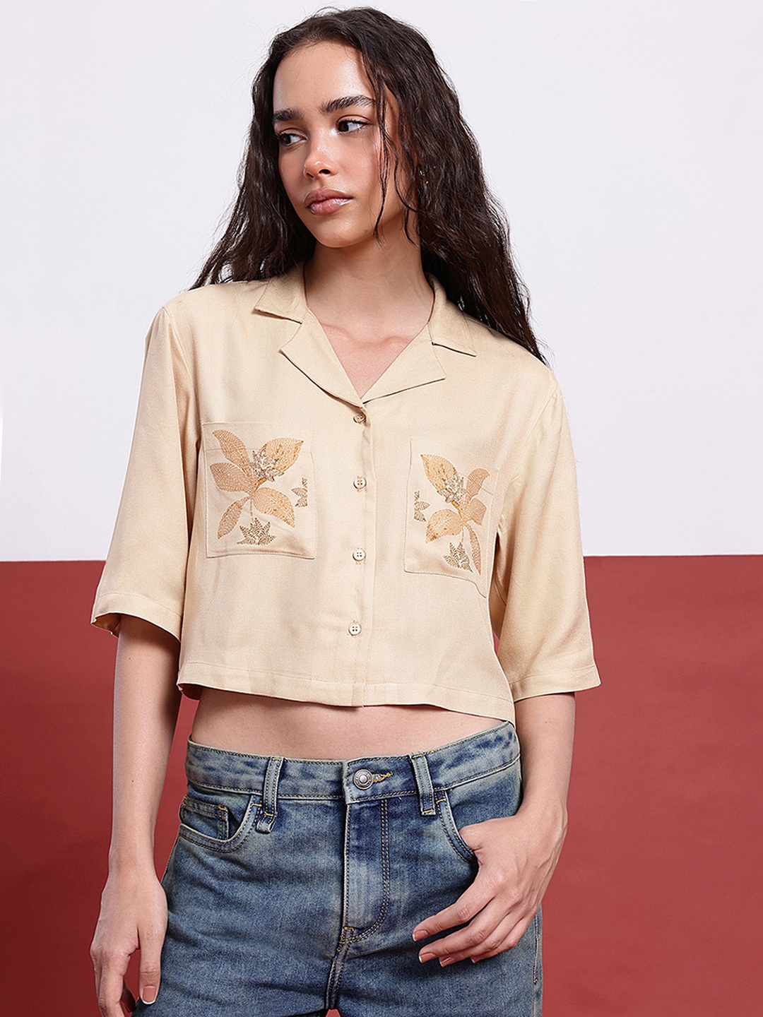 

DressBerry Narrative Art Printed Pocket Shirt, Beige