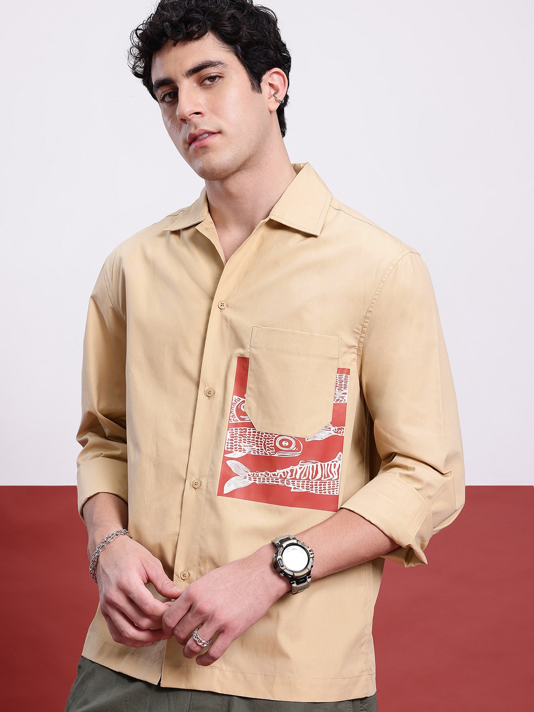 

Kook N Keech Coastal Indie Printed Chest Pocket Detail Casual Shirt, Beige