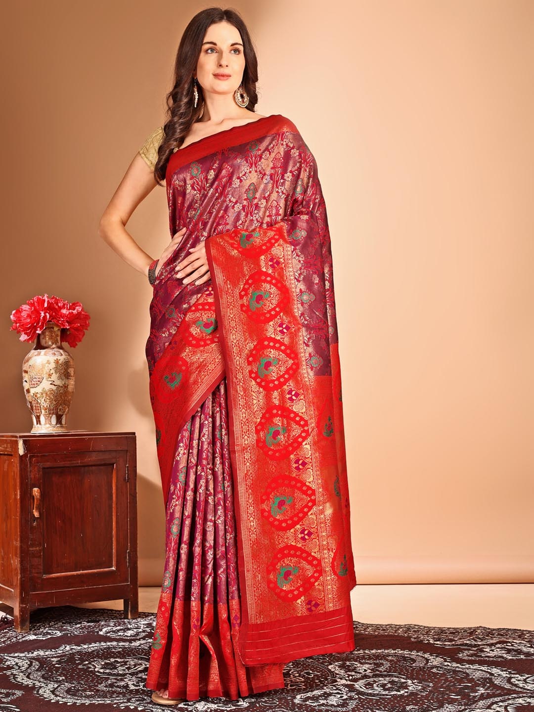 

Anouk Women Woven Design Zari Dharmavaram Saree, Pink