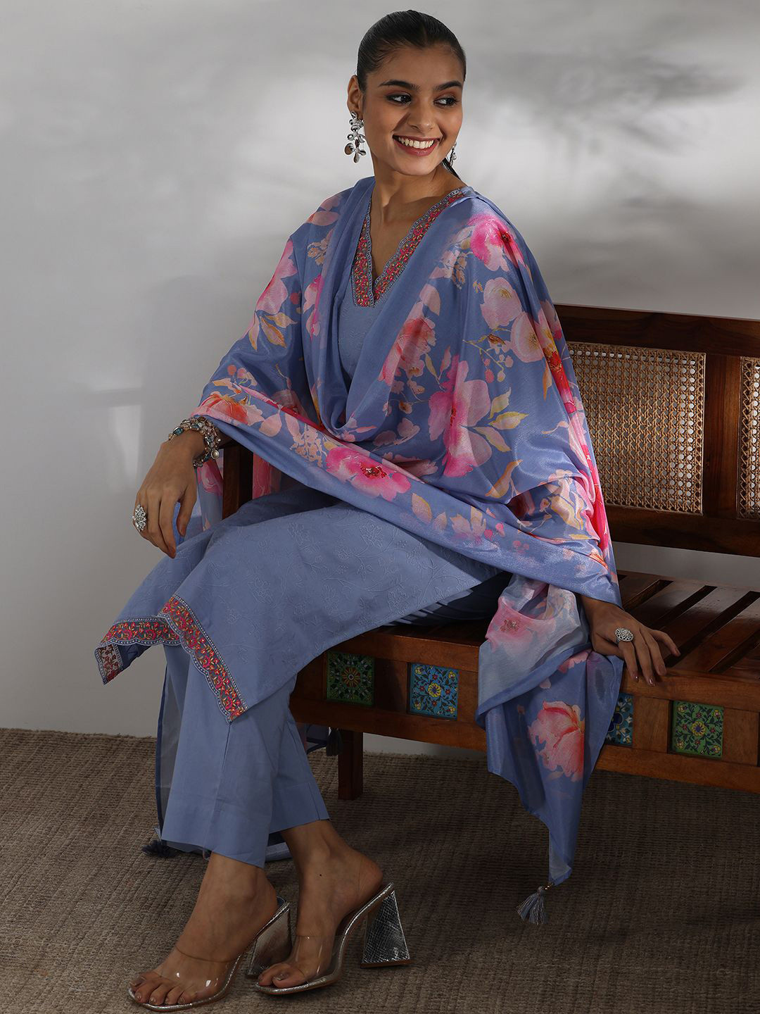 

Libas Women Floral Embroidered Regular Thread Work Pure Cotton Kurta with Trousers & With Dupatta, Blue