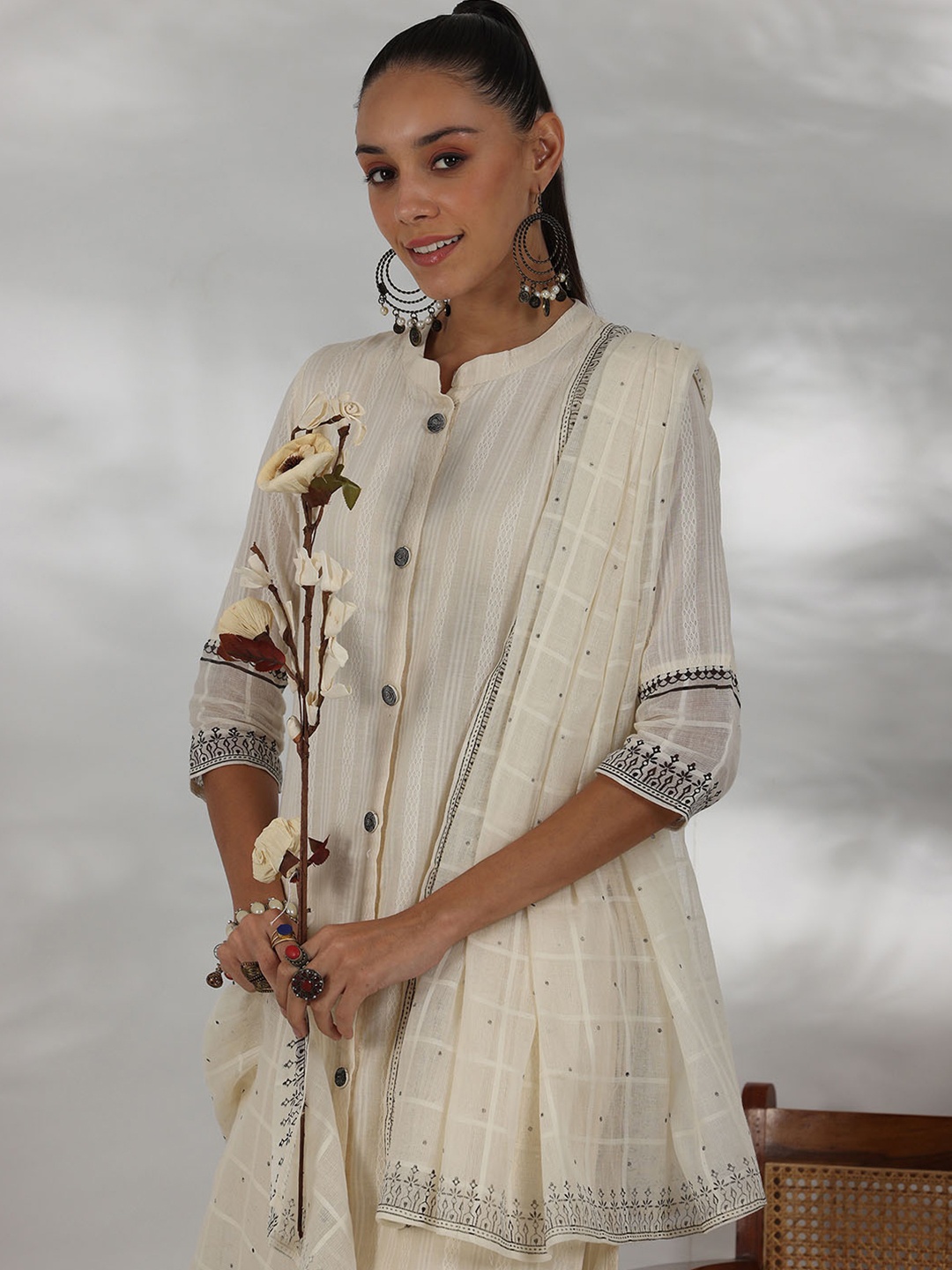 

Libas Striped Woven Design Thread Work Pure Cotton Kurta With Trousers With Dupatta, Off white
