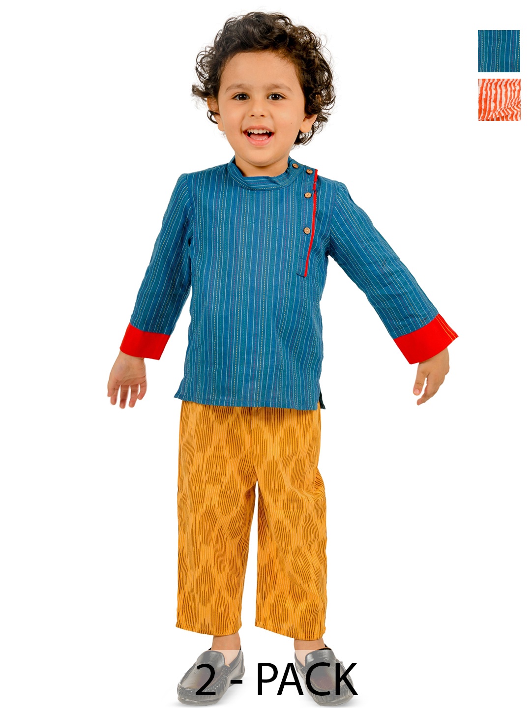 

Tiny Bunnies Boys Pack Of 2 Striped Long Sleeves Pure Cotton Kurta With Trouser, Blue