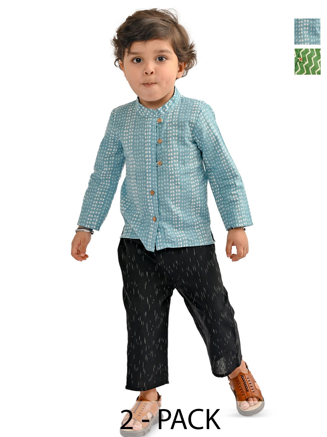 

Tiny Bunnies Boys Pack Of 2 Printed Long Sleeves Pure Cotton Kurta & Trouser, Blue