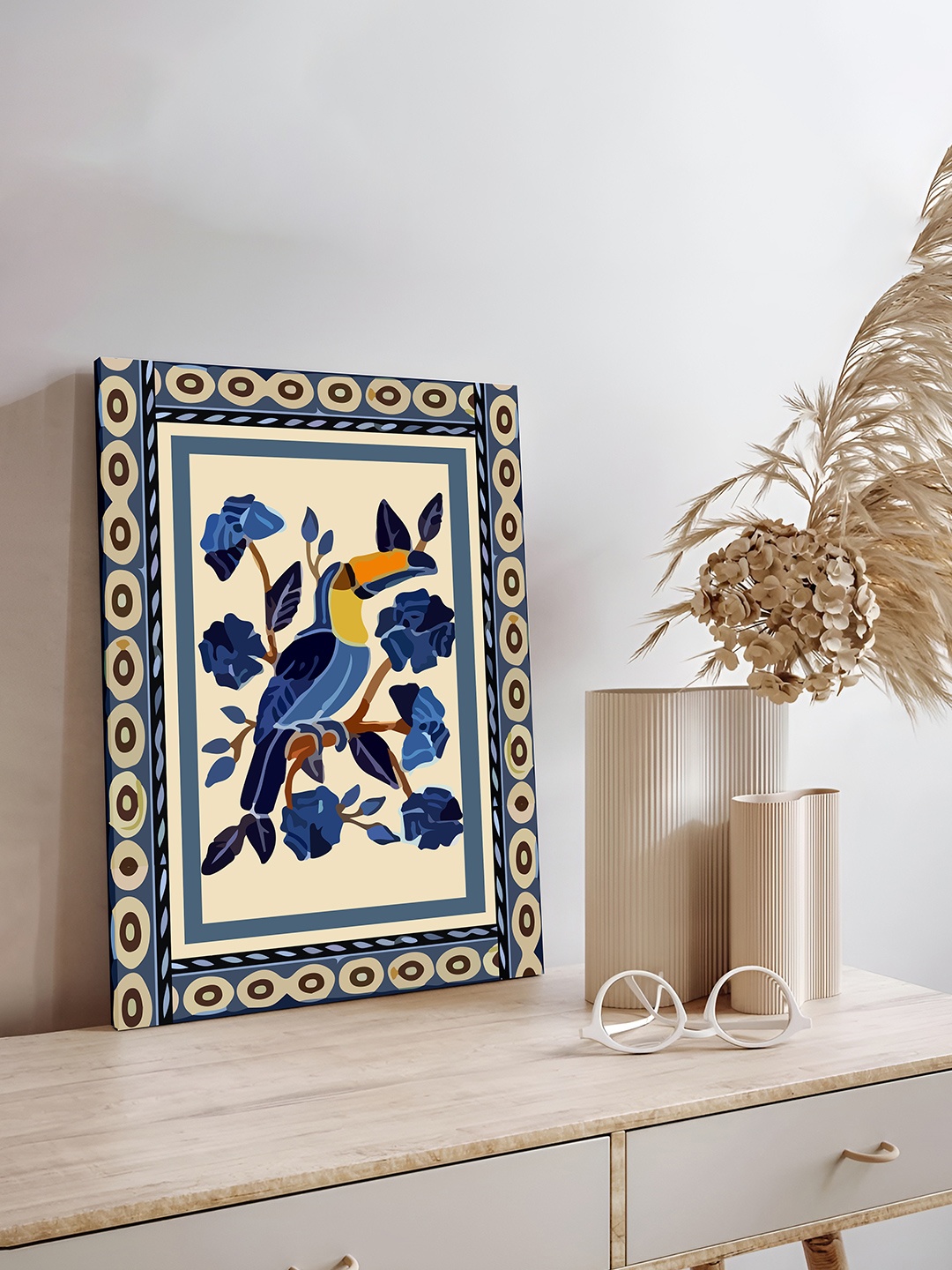 

Art Street Indian Folk Toucan Bird Wall Art, Stretched Canvas Painting for Home Decor, Blue