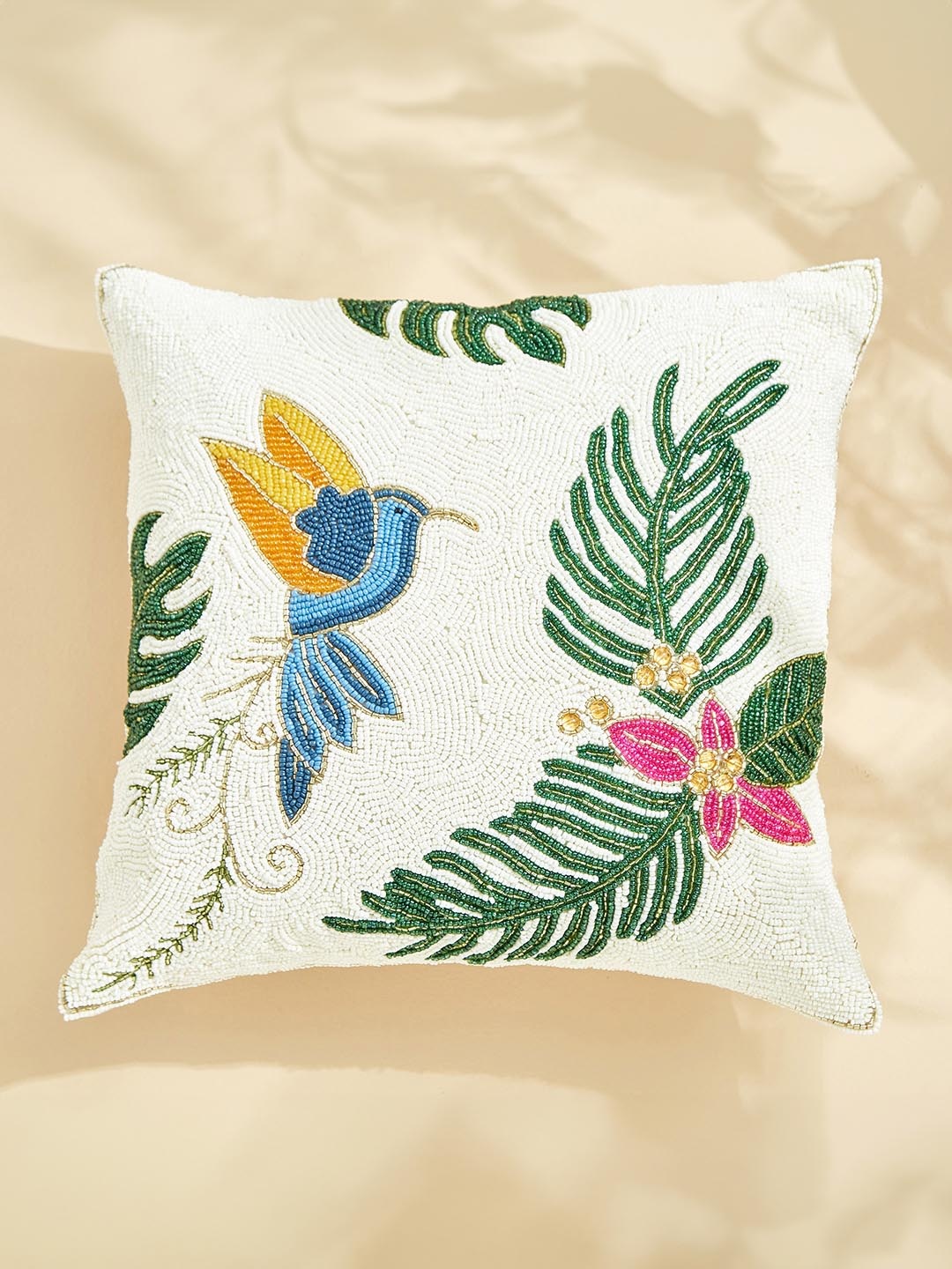 

Home Centre Corsica Moksha White Ethnic Motifs Beaded Square Shaped Cushion Cover
