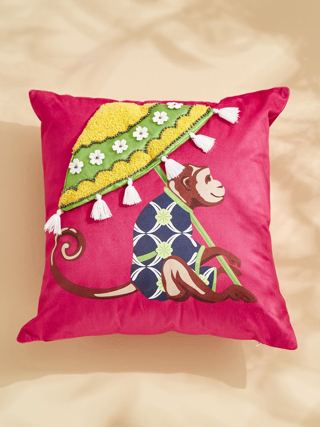 

Home Centre Pink & Yellow Beaded Square Shaped Filled Cushion