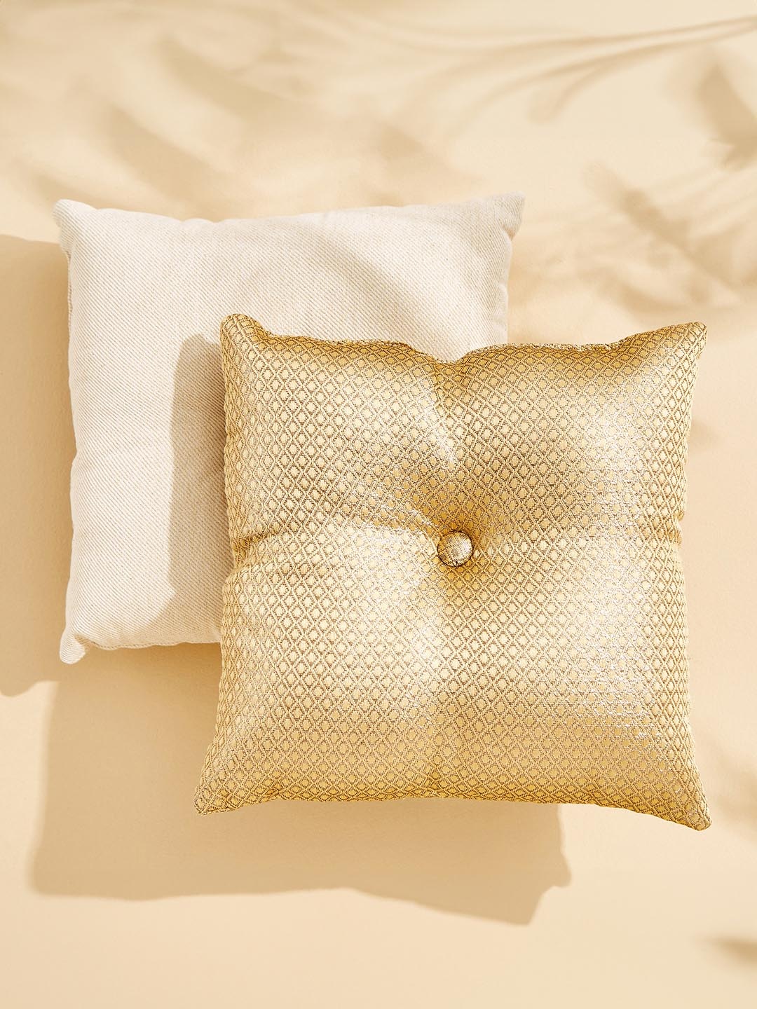 

Home Centre Corsica Dazzle 2 Pieces Gold-Toned & White Textured Square Filled Cushions