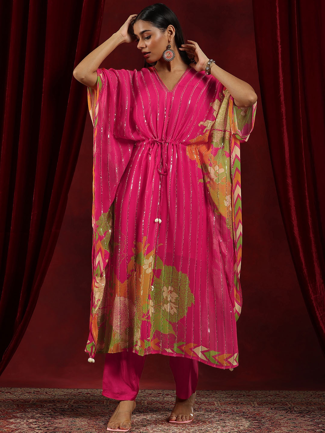 

Libas Art Floral Printed Sequinned Long Kaftan With Inner & Trouser, Pink