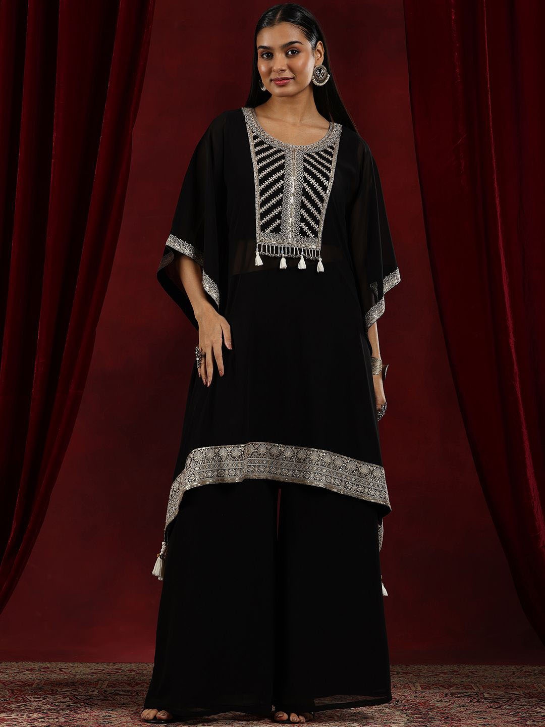 

Libas Art Ethnic Motifs Embroidered Regular Georgette Kaftan Kurta With Palazzo With Top, Black