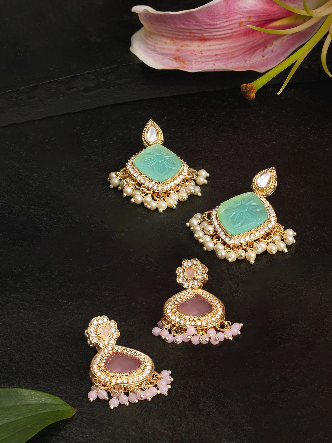 

Zaveri Pearls Set of 2 Gold-Plated Teardrop Shaped Stone Studded & Beaded Drop Earrings