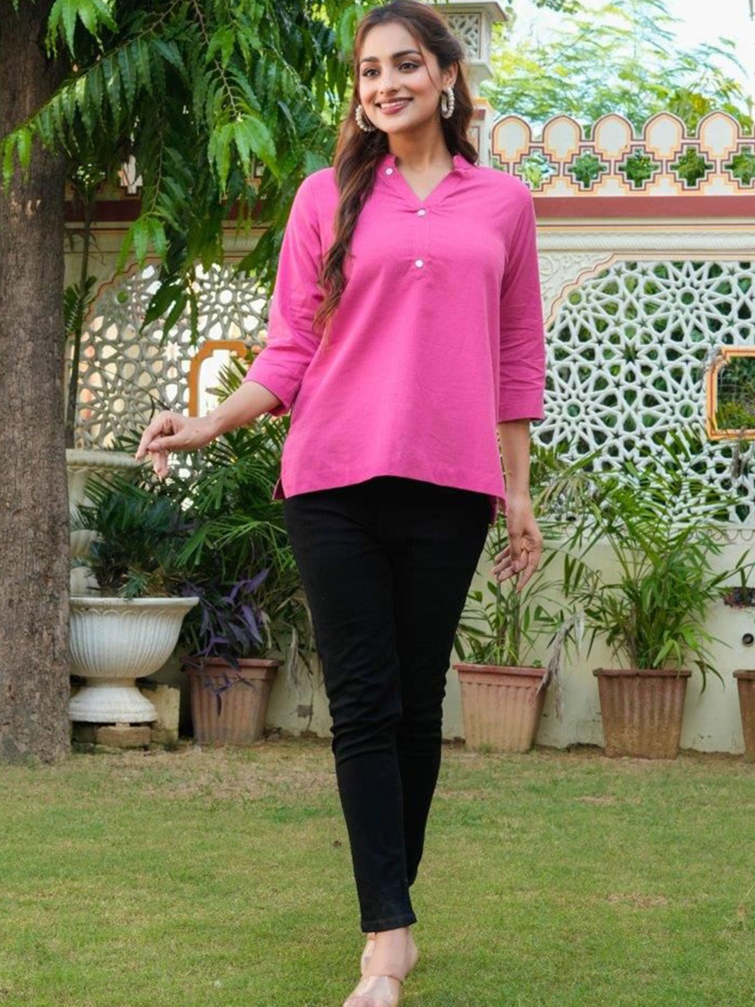 

ZOYOTO Linen Mandarin Collar Tunic, Pink