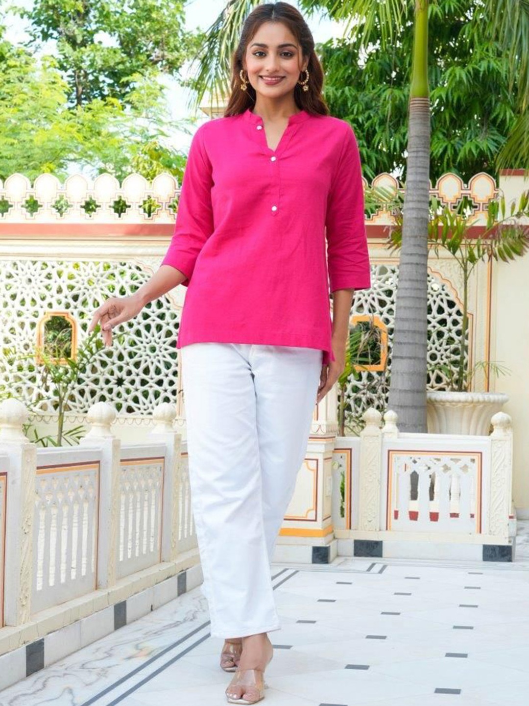 

ZOYOTO Linen Mandarin Collar Tunic, Fuchsia