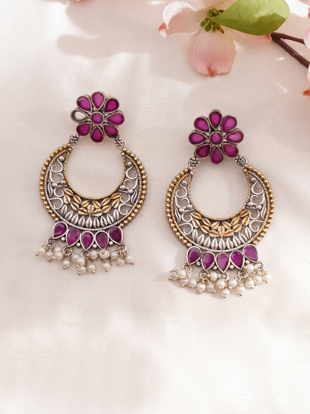 

JAYPORE Contemporary Oxidised Stone Studded & Beaded Drop Earrings, Silver