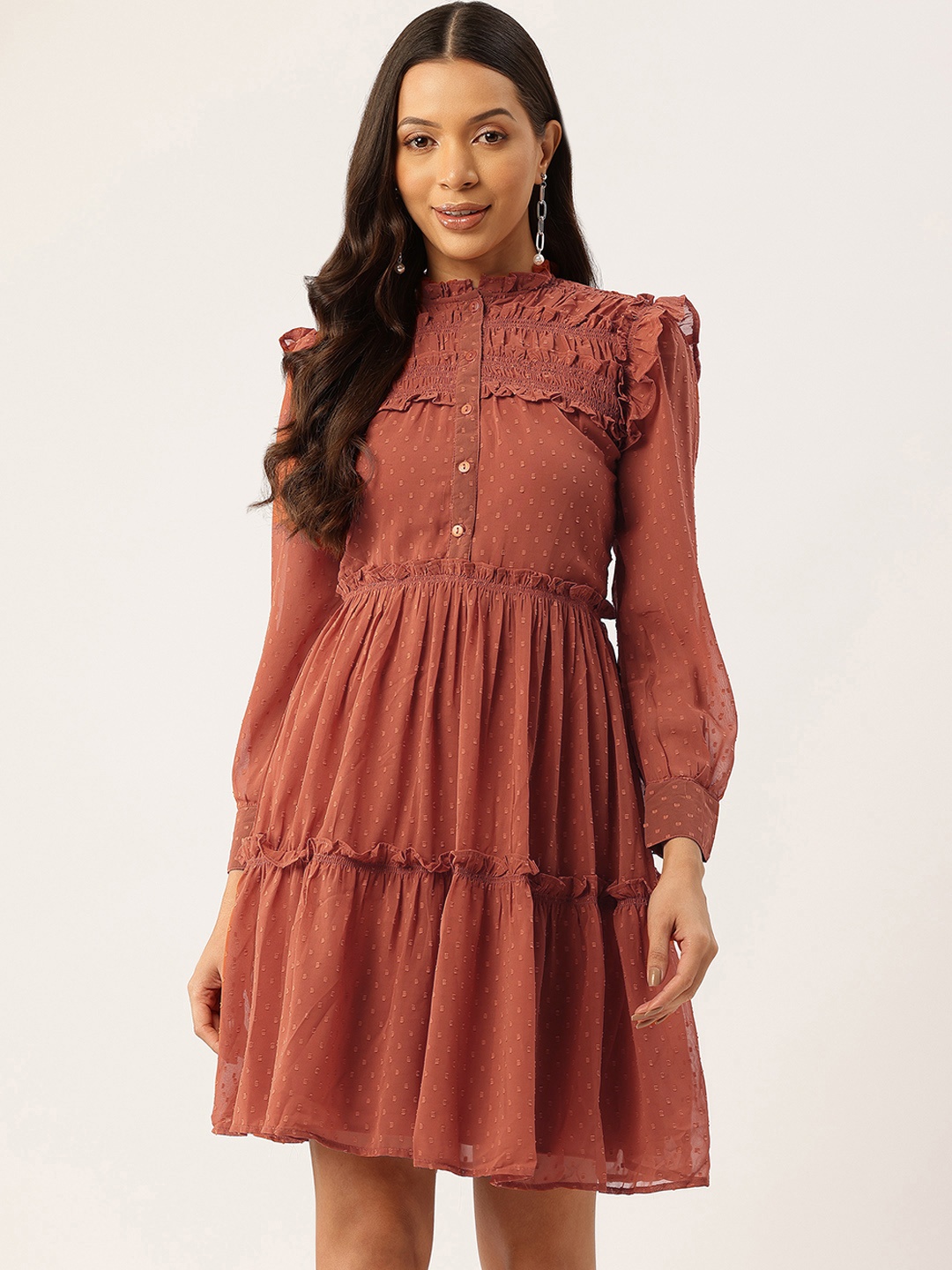 

Rue Collection Ruffled Chiffon Fit & Flare Dress, Rust