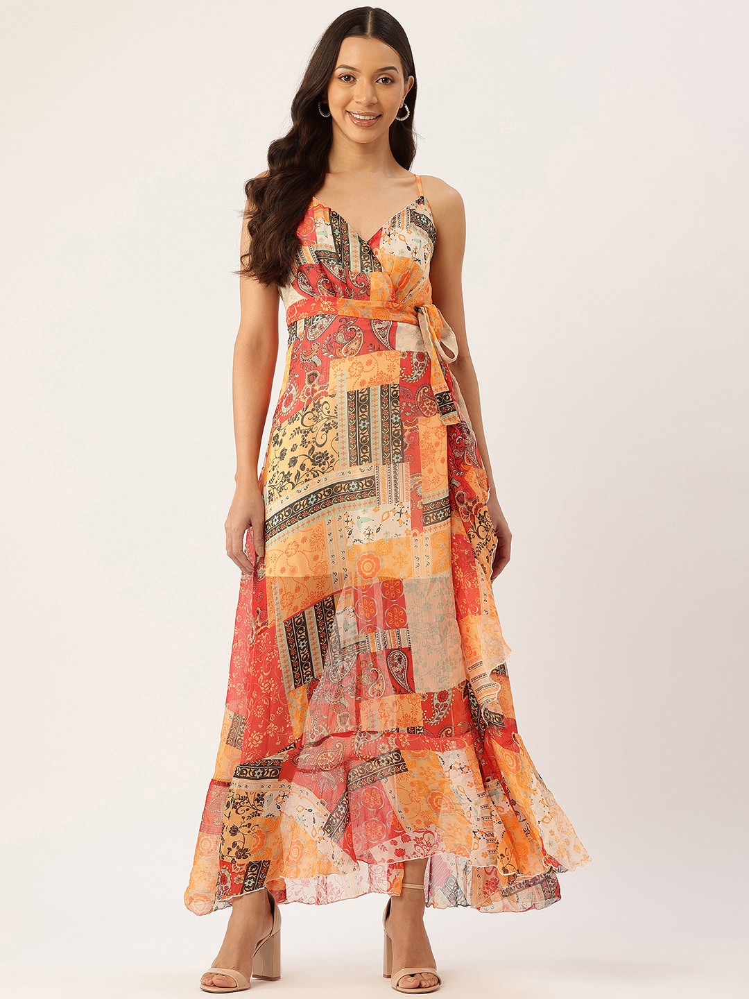 

Rue Collection Ethnic Motifs Print Maxi Wrap Dress, Rust