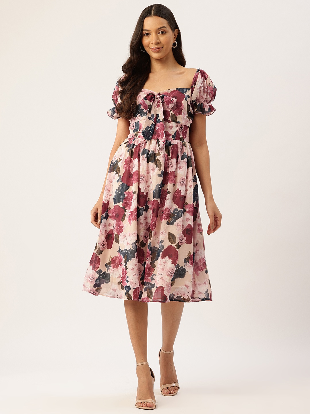 

Rue Collection Floral Print Puff Sleeve Fit & Flare Dress, Pink