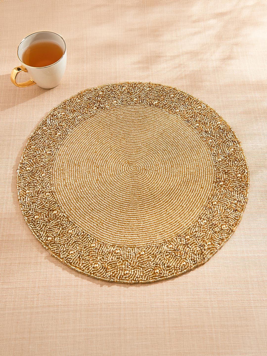 

Home Centre Corsica Moksha GoldToned Darwin Beaded Glass Round Table Placemats, Gold