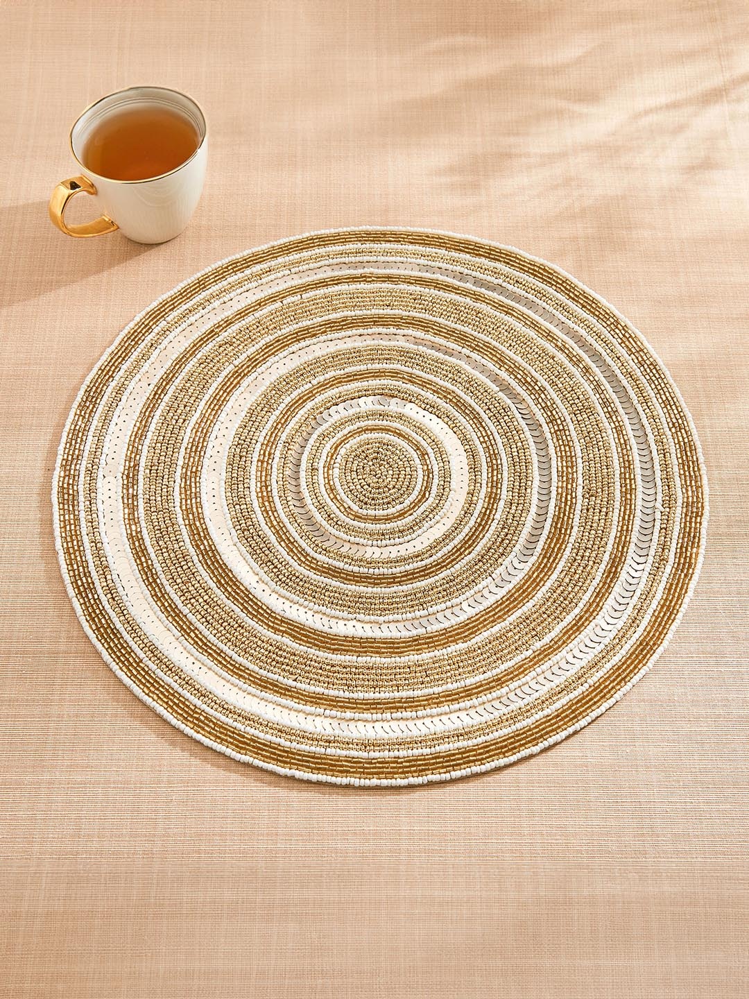 

Home Centre Corsica Moksha GoldToned and White Sphere Beaded Placemats, Gold
