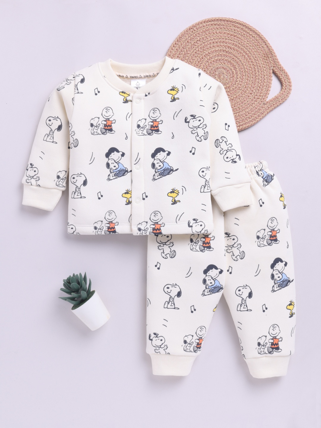 YK X Tinyo Infant Boys Fleece T-shirt with Joggers For Winter, Cream