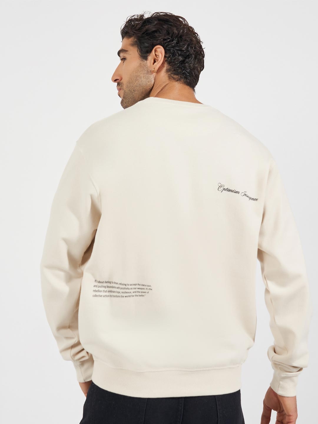 

Styli Men Typography Printed Round Neck Cotton Pullover Ribbed Sweatshirt, Cream