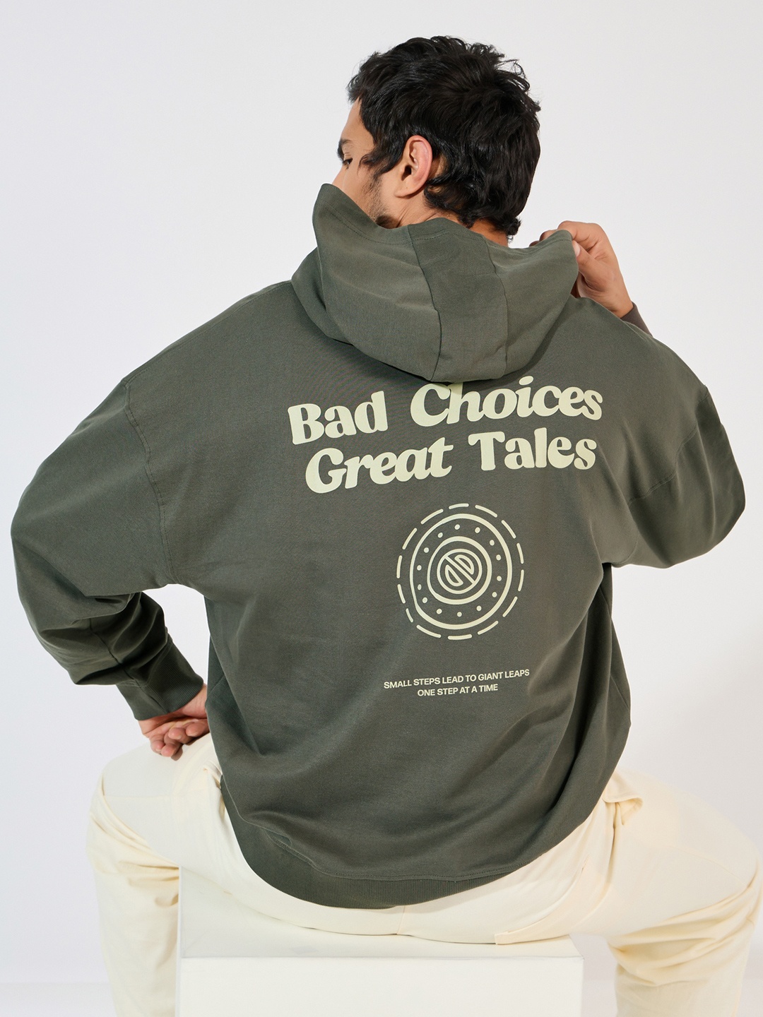 

Styli Men Typography Printed Hood Cotton Pullover Ribbed Sweatshirt, Olive