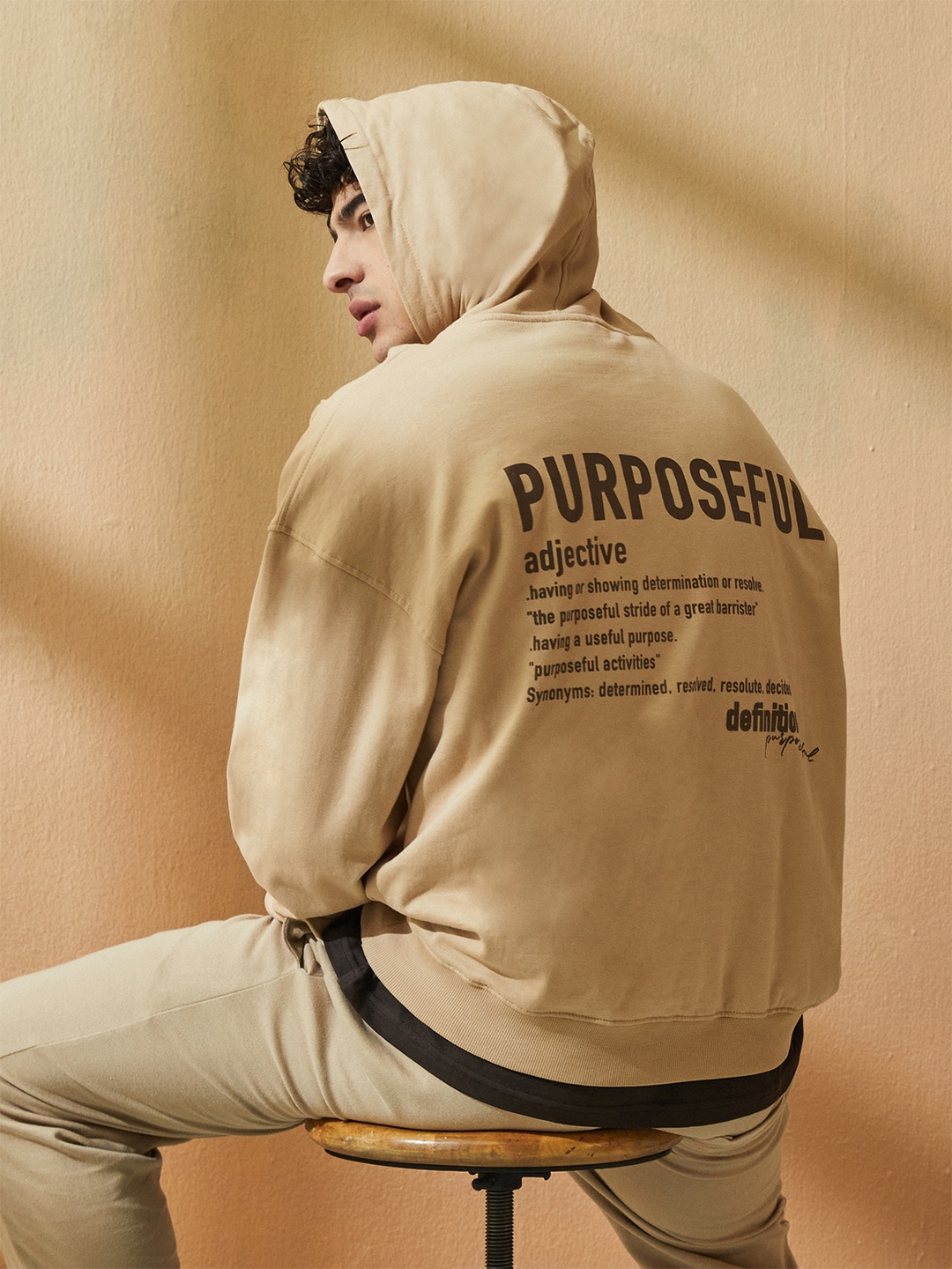 

Styli Men Typography Printed Hood Cotton Pullover Ribbed Sweatshirt, Beige