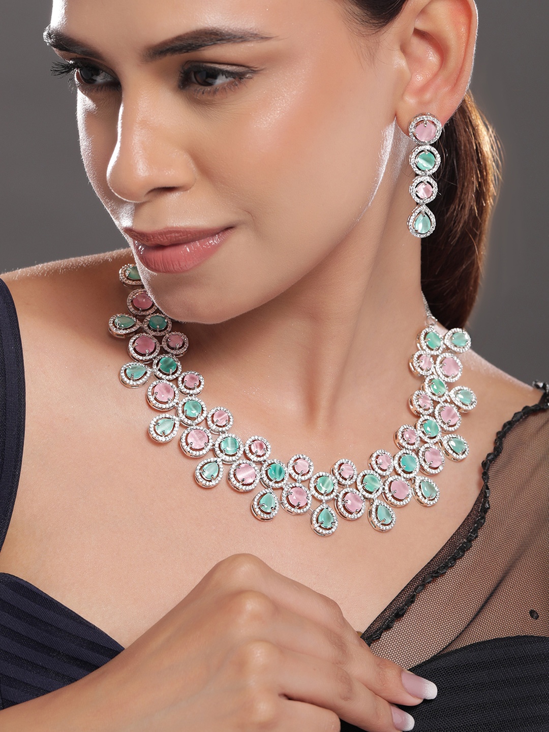 

Rubans Rhodium-Plated Pink & Mint Green Stone Premium Necklace Set with Earrings, Silver