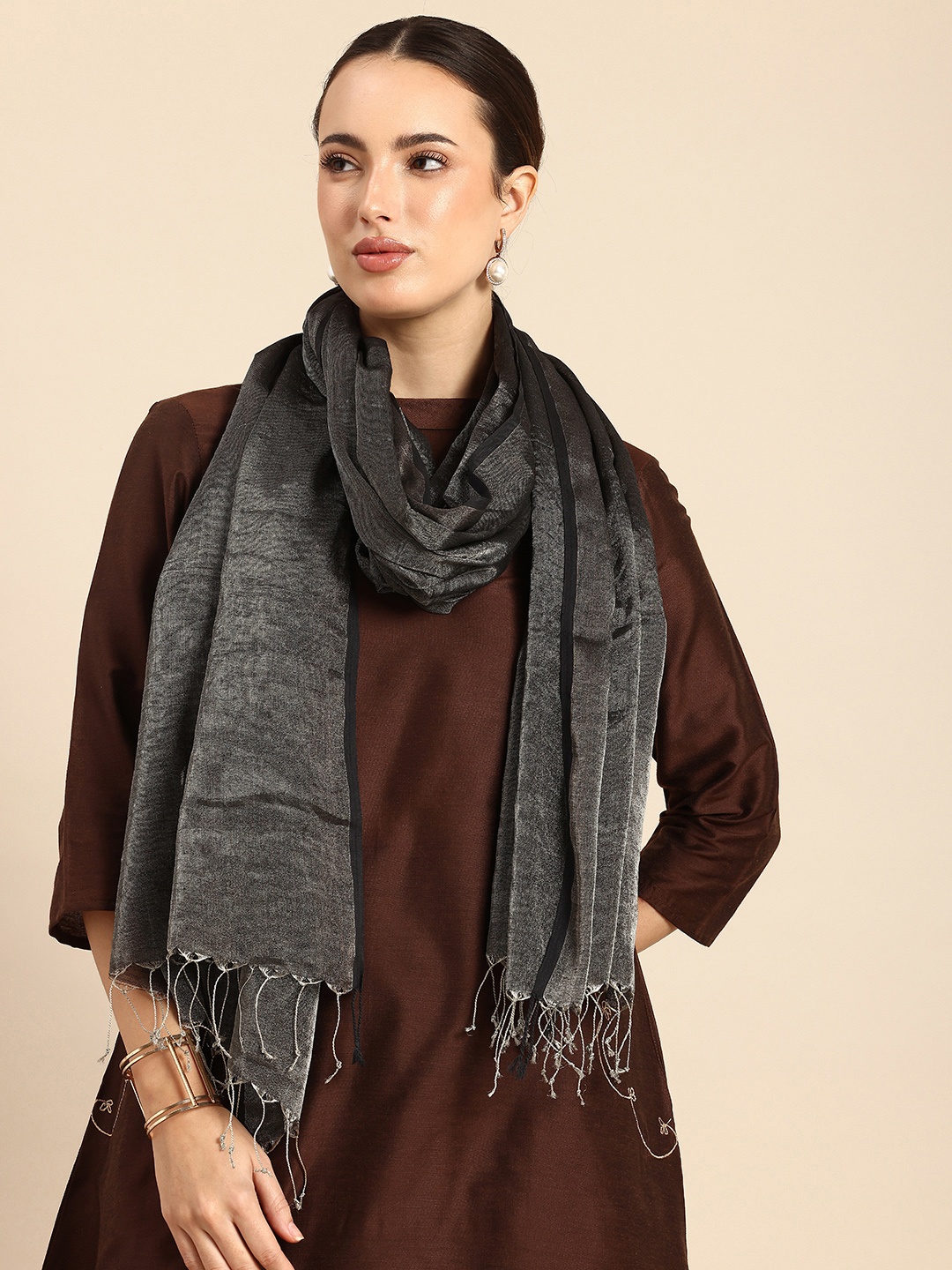 

ASVA Silver Zari Cotton Tissue Scarf, Black