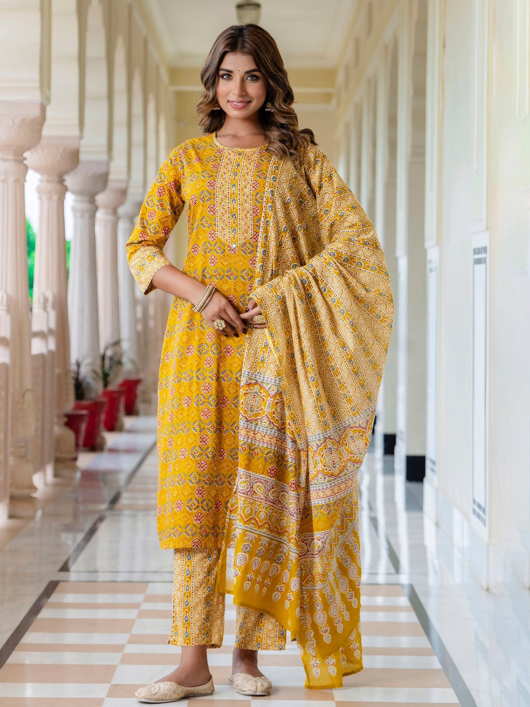 

Kohsh Bandhani Printed Pure Cotton Kurta With Trousers & Dupatta, Mustard