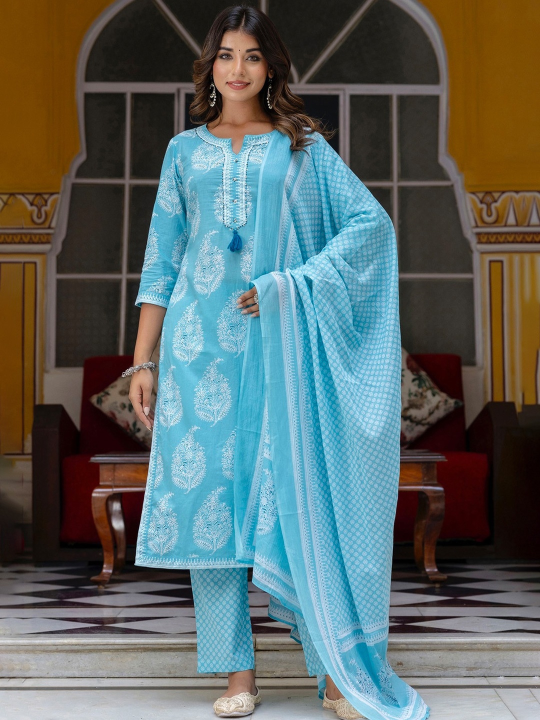 

Kohsh Ethnic Motifs Printed Pure Cotton Straight Kurta With Trousers & Dupatta, Blue