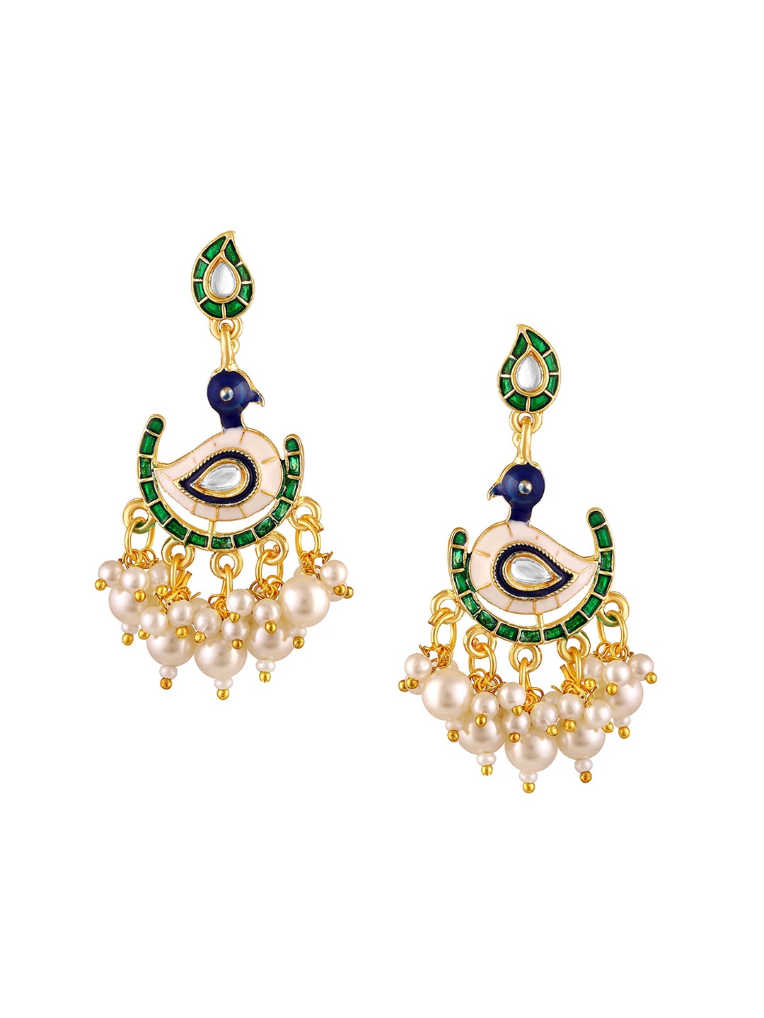 

BDIVA 18KT Gold-Plated Kundan Stone Studded & Beaded Peacock Shaped Drop Earrings