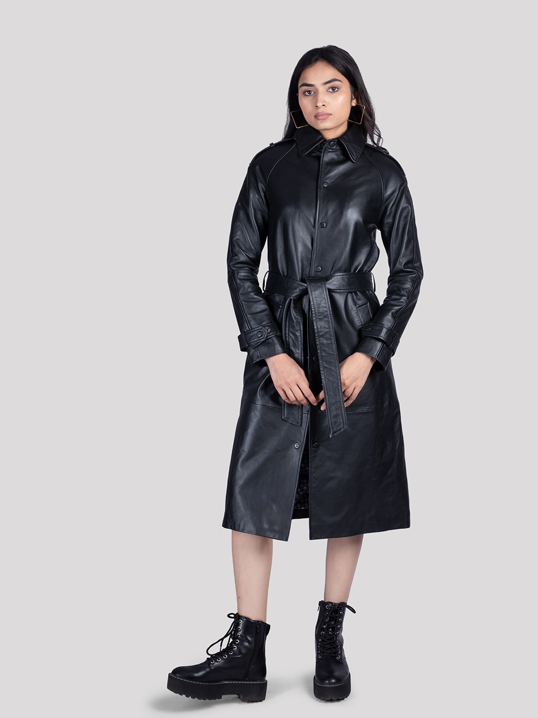 

HUE & HIDE Women Genuine Leather Long Overcoat, Black