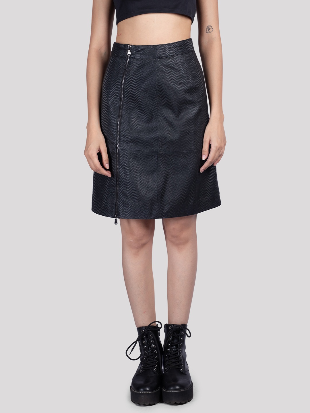 

HUE & HIDE Women Genuine Leather Striped Printed A-Line Knee-Length Skirt, Black