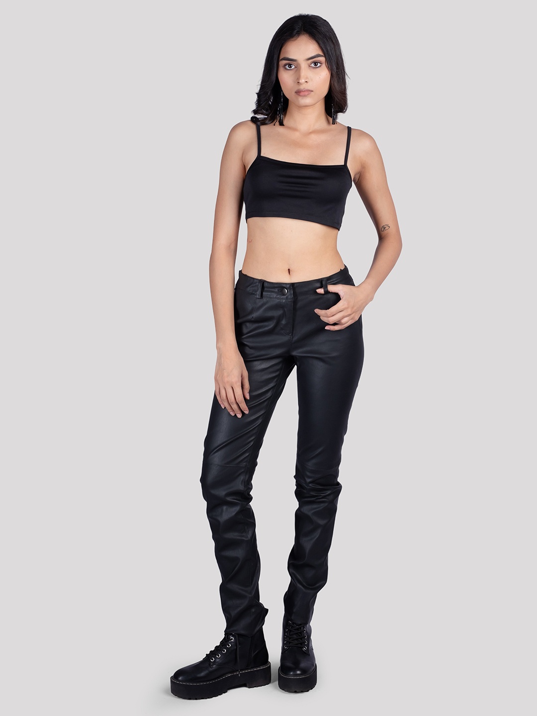 

HUE & HIDE Women Genuine Leather Solid Jeans, Black