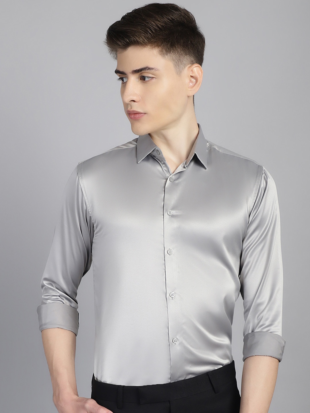 

Majestic Man Men Club Slim Fit Opaque Formal Shirt, Silver
